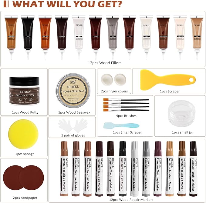 DEWEL Wood Furniture Repair Kit 40 Pcs, 12 Colors Wood Filler and Touch Up Markers, Wooden Putty and Polish Wax, Repair Scratch, Cracks, Hole, Stains for Hardwood Floor, Table, Laminate, Cabinet