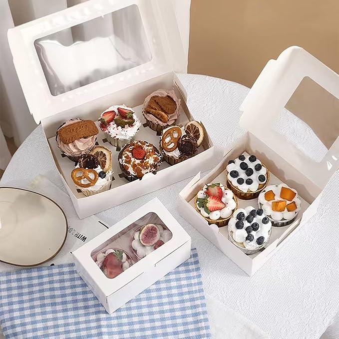 50-Set Cupcake Boxes Bulk with Clear Display Window Hold 4 Standard Cupcakes, Disposable Food Grade White Cupcake Carrier Cupcake Container, Perfect for Cupcakes Muffins Cookies Pastries