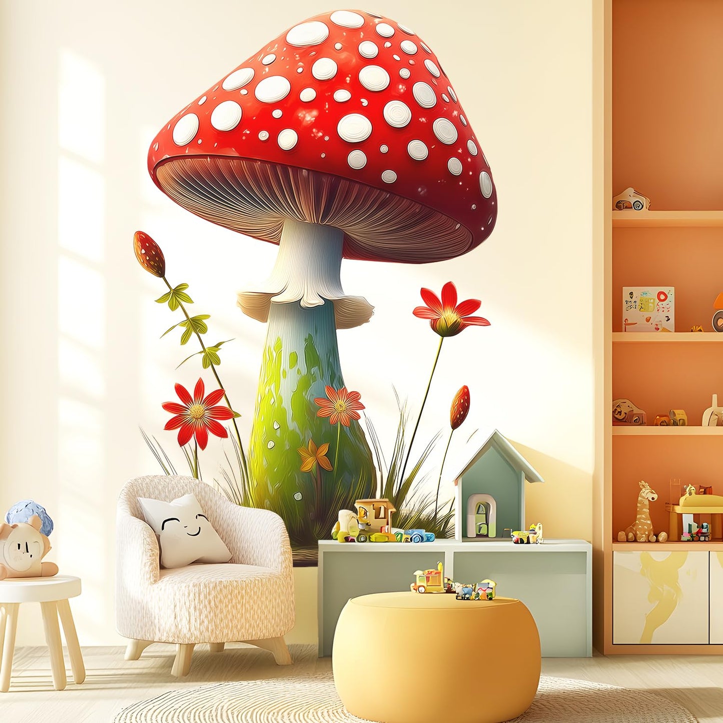 Cute Red Mushroom Wall Decals with Flowers and Grass, Peel and Stick Wall Stickers for Kids Room Nursery Baby Bedroom Playroom, Whimsical Forest Themed Wall Art Decor for Toddler Boys Girls