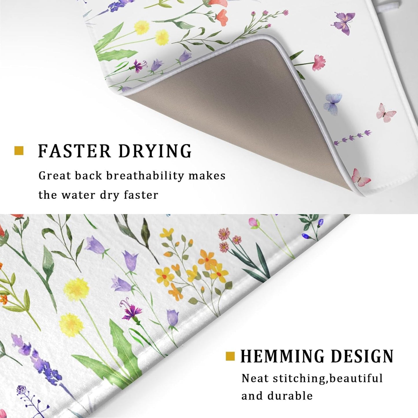Watercolor Floral Dish Drying Mat for Kitchen Counter 18x24 Inch Spring Summer Wild Flower Butterfly Absorbent Reversible Microfiber Dish Drainer Rack Mats Countertops Protector Mat