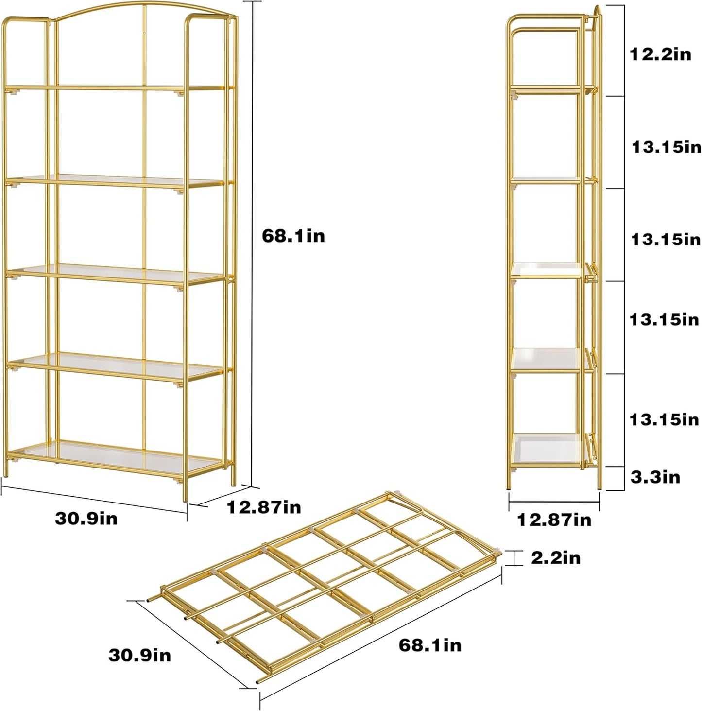 Crofy No Assembly Folding Bookshelf for Living Room, 5 Tier Gold Collapsible Book Shelf for Home Office, Portable Bookcase Storage Organizer