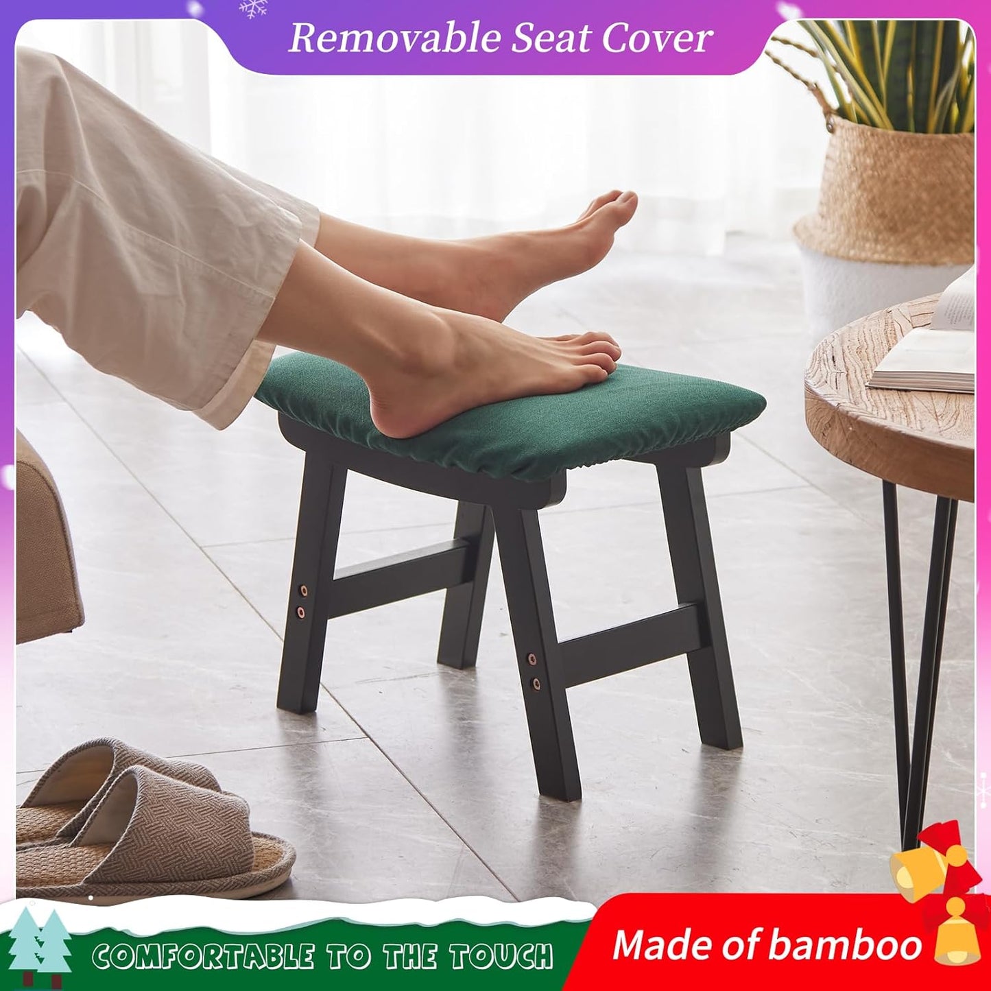 Foot Stool,Ottoman,Bamboo Small Sofa Foot Rest Under Desk,Extra Seating for Living Room, Bedroom and Kitchen (Black Stool Legs - Green Surface)