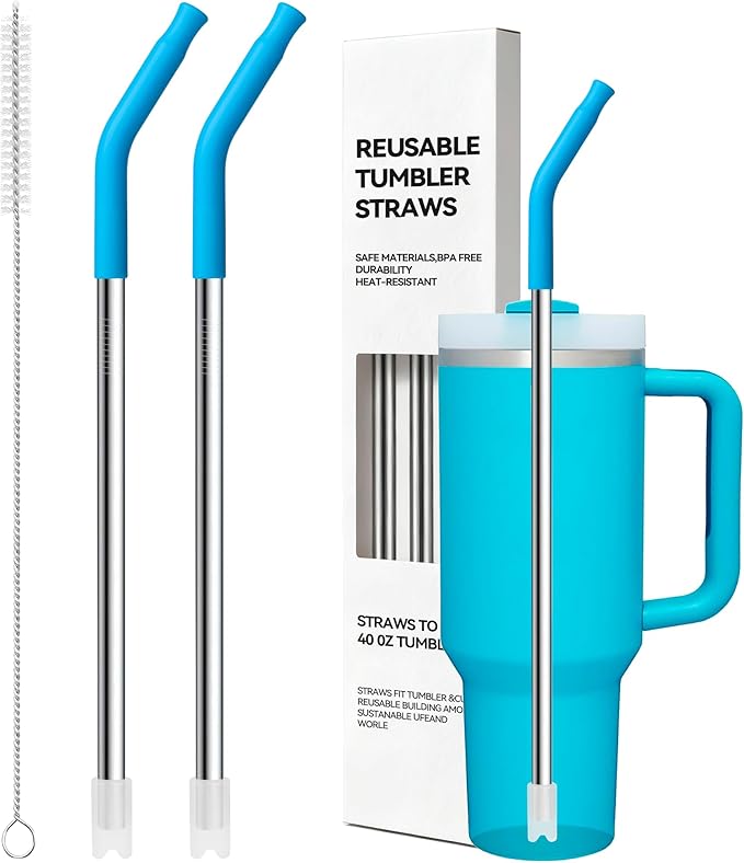 Stainless Steel Straws For Stanley 40 oz Tumble With Silicone Tip, 12'2 Long Metal Straws Replacement for Stanley Quencher H2.0 40oz Cups,Fit Simple Modern 40oz Big Mugs& Jar(Sky Blue)