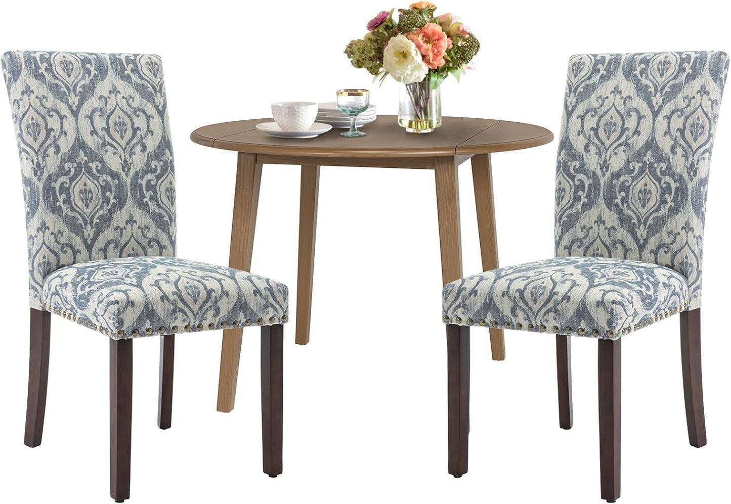 COLAMY 3-Piece Extendable Dining Table Set for 2, 36" Kitchen Round Wood Table with 2 Nailhead Dining Room Chairs,Light Brown/White&Blue Flower