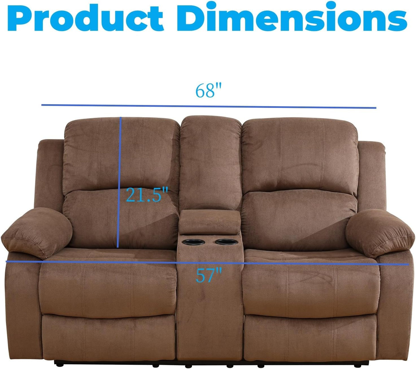Loveseat Recliner Sofa, Reclining Loveseat Couch with Storage Console, Modern Comfy Home Theater Seating Power Recliner Chair with Cup Holders for Living Room Furniture Sets, Brown