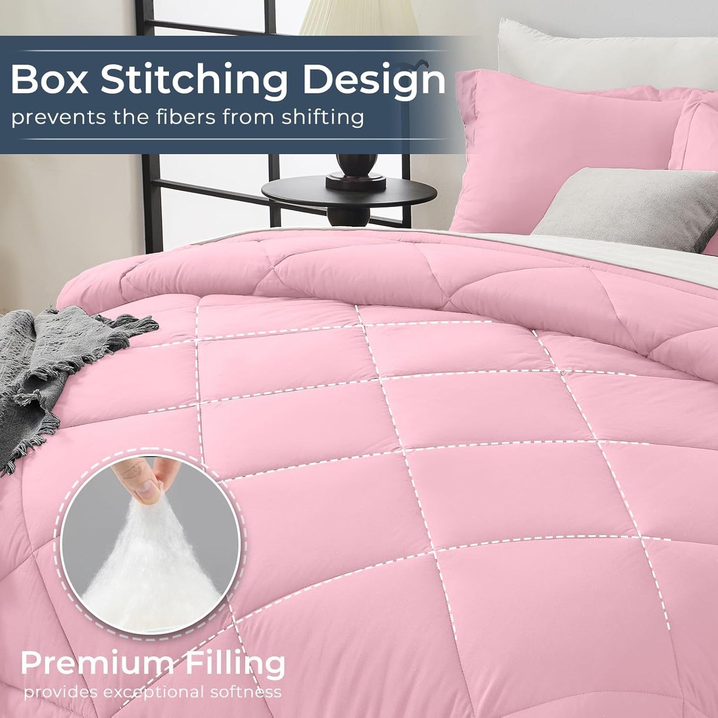 HEVUMYI Twin Comforter Set - 5-Piece All Season Bed in a Bag Twin, Ultra Soft Bedding Set with Comforter, Flat Sheet, Fitted Sheet, Pillowcases, Pillow Shams, Pink & Ivory