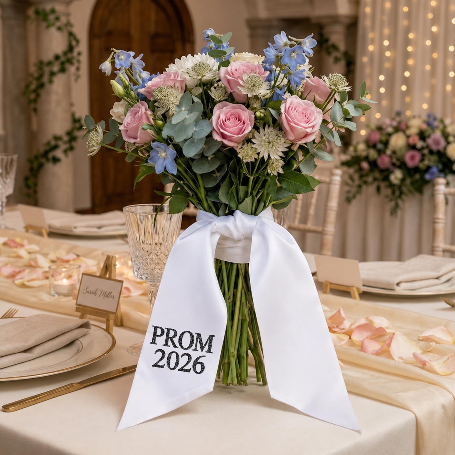 2 Pieces Prom Bouquet Sash Bouquet Ribbon 4 x 52 Inch Satin Plain White Flower Bouquet Sash with Letters for Prom 2026 Graduation Party Supplies (Black)