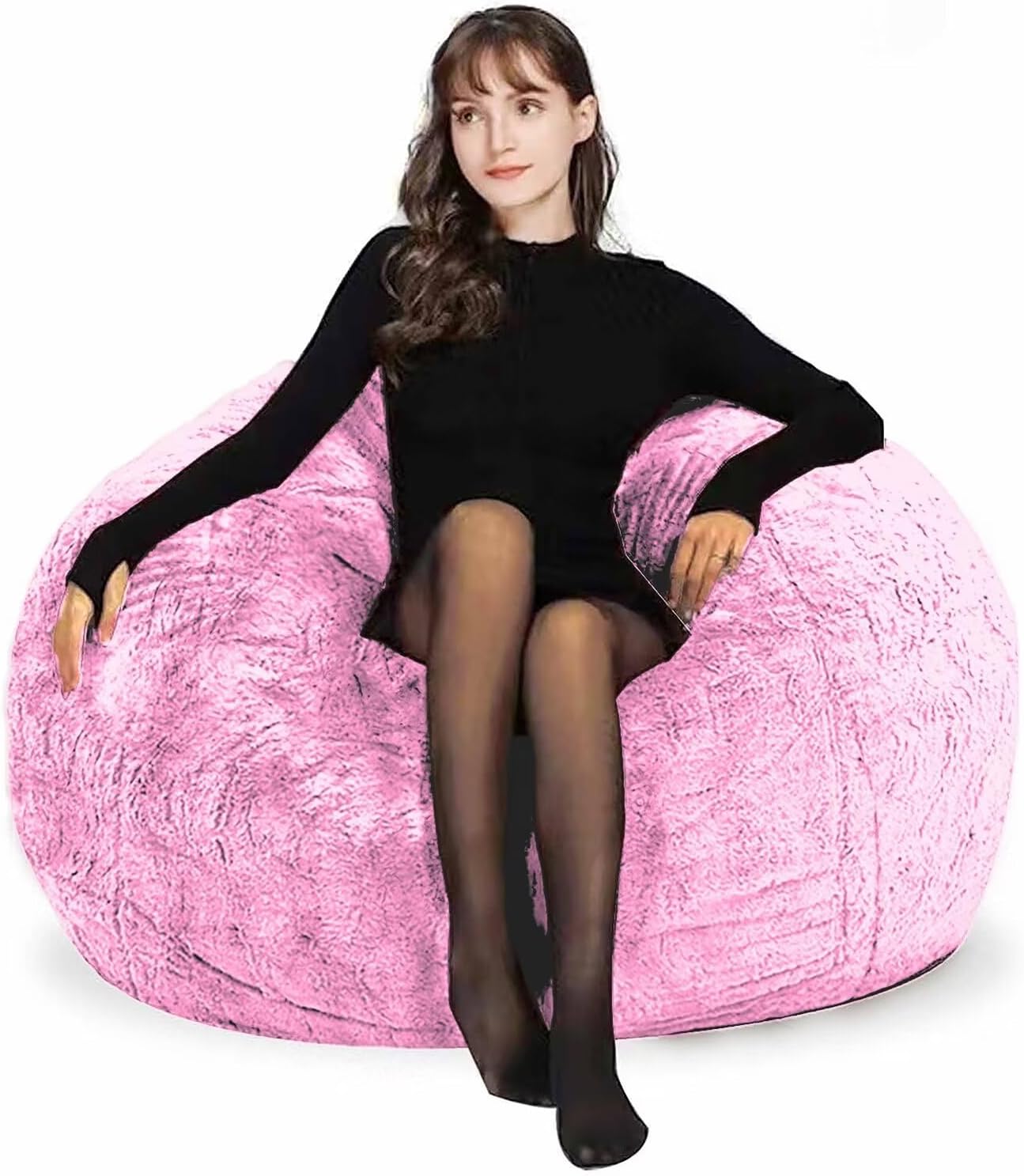 Bean Bag Chair for Adults Kids Without Filling Comfy Fluffy Round Beanbag Lazy Sofa Cover for Reading Chair Floor Chair, 3.5FT, Pink