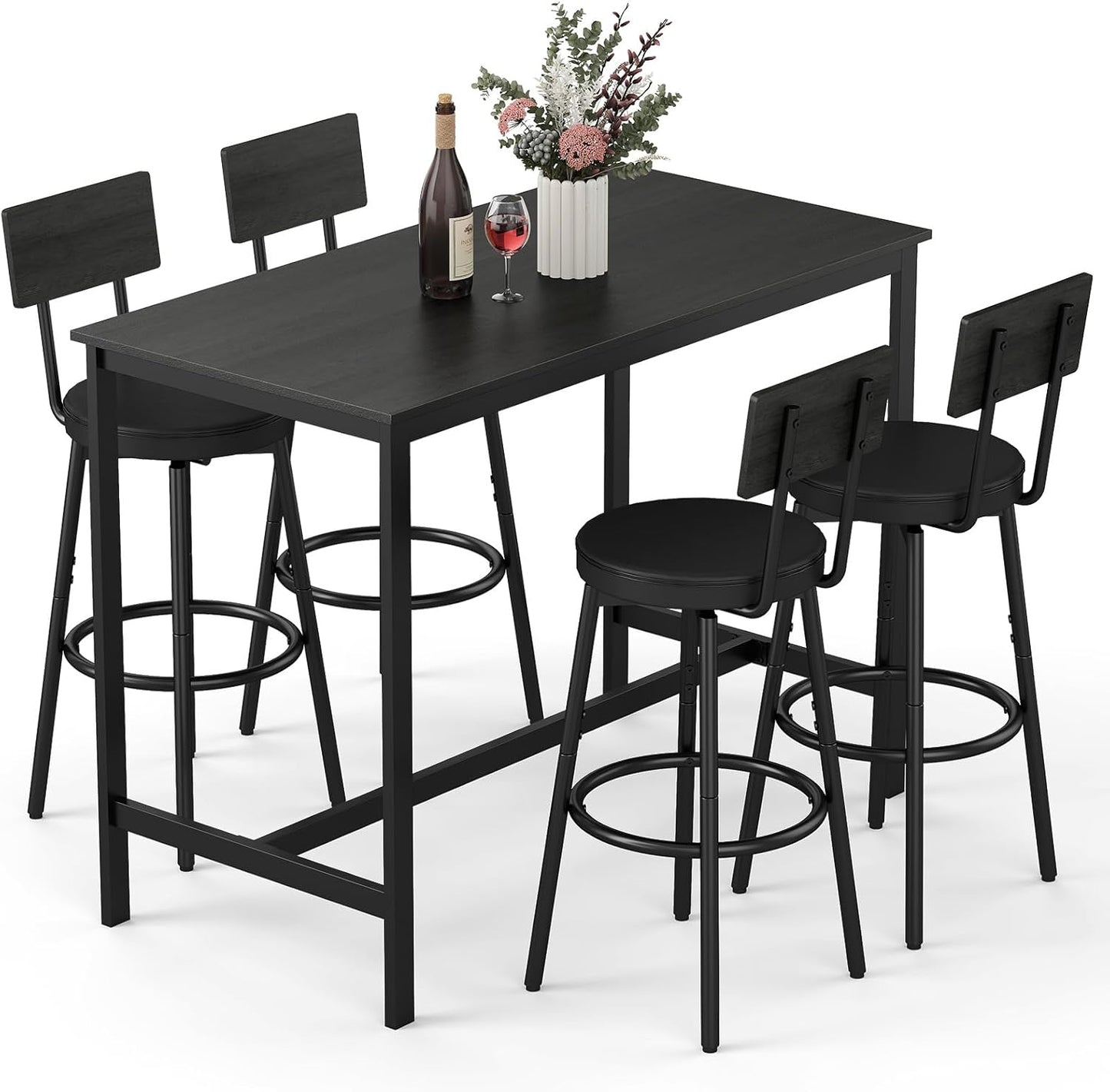 Dining Table Set for 4, 5-Piece Bar Table Set, Kitchen Table and Chairs, Counter Height High Top Table with 4 PU Upholstered Stools, Space-Saving Pub Tables Set for Small Space, Black