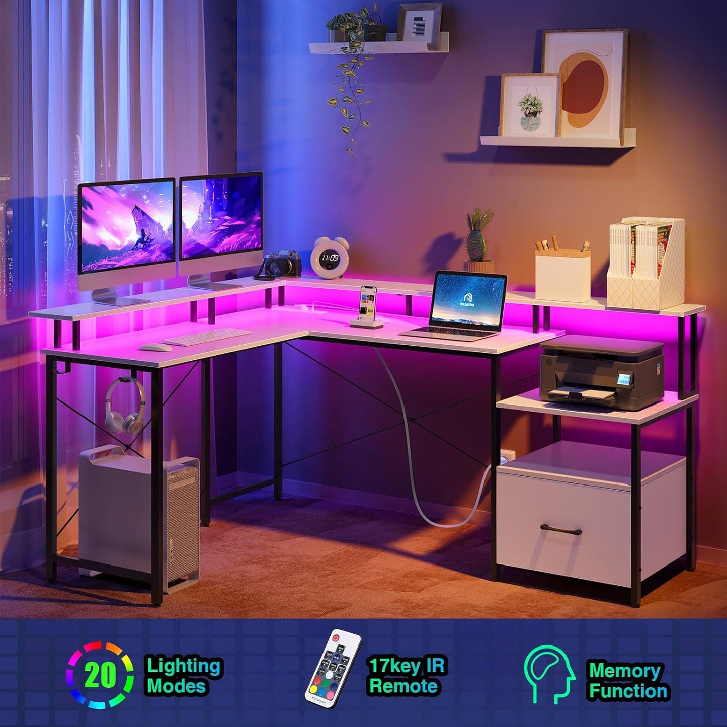 Rolanstar Computer Desk with File Drawer, 64" L Shaped Desk with Power Outlet & LED Strip, L Shaped Computer Corner Desk with File Cabinet, Gaming Desk with Monitor Shelf, Home Office Desk, White