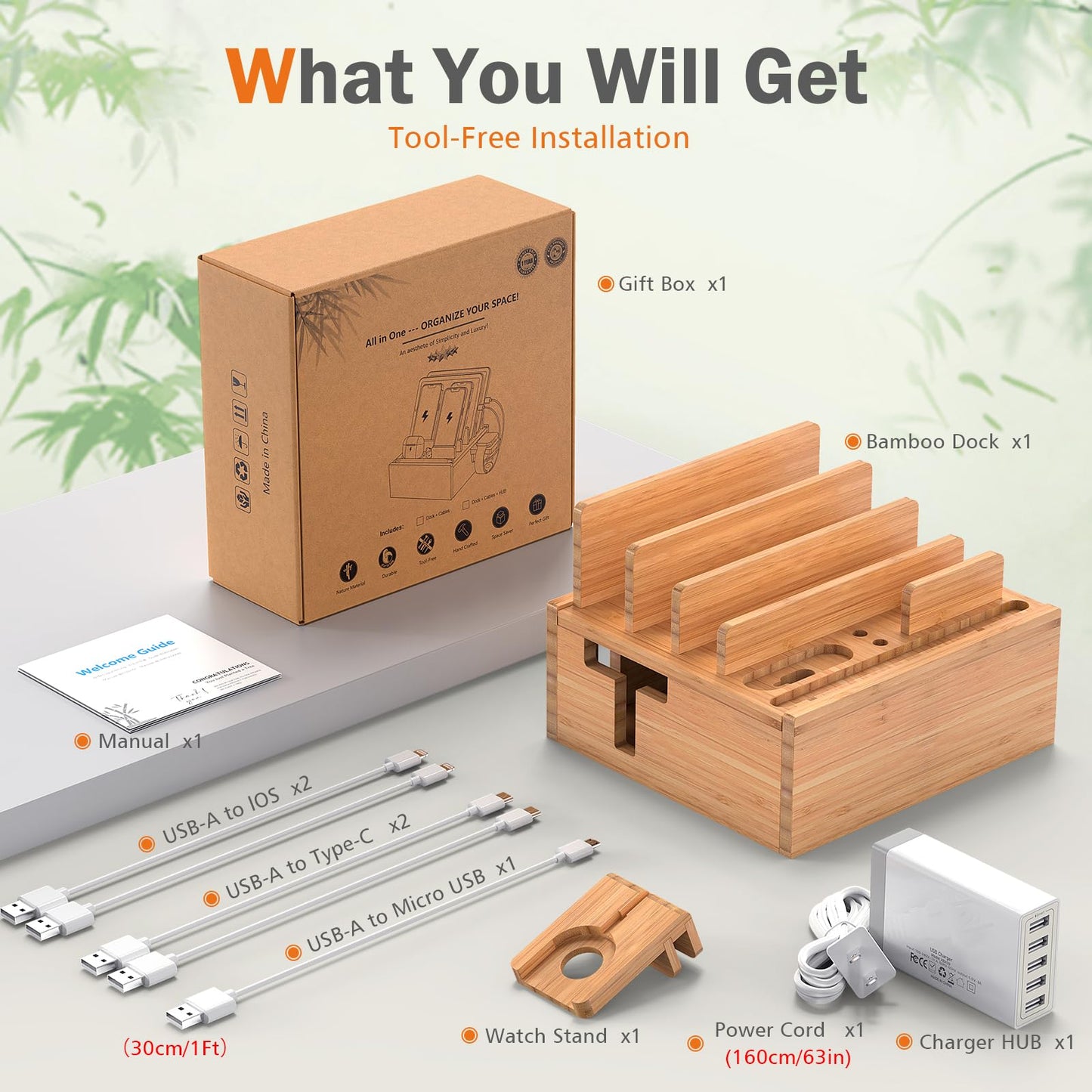 Pezin & Hulin Desktop Usb Charging Station With Bamboo Charging Station, Desktop Charger Block, Compatible With Tablet, Cell Pho