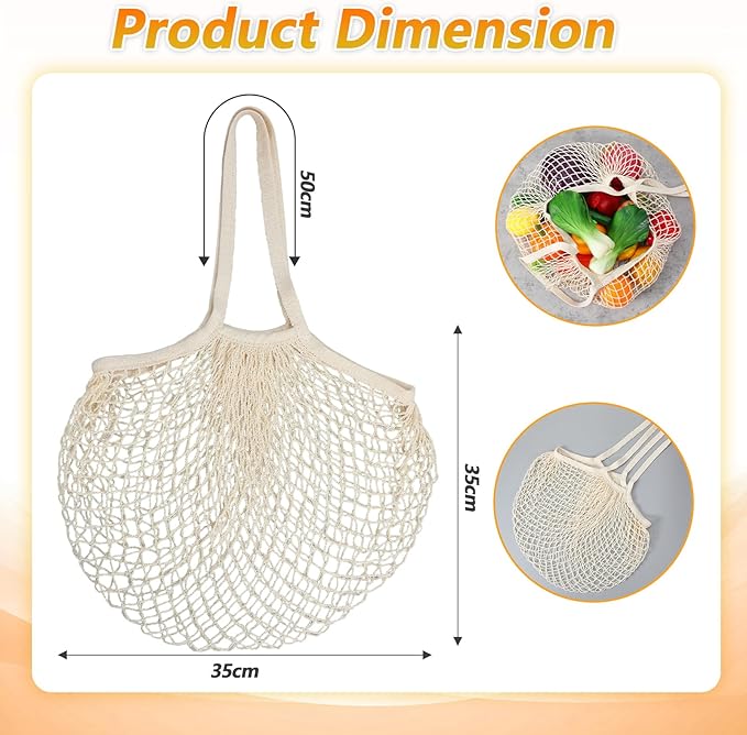 2 Pack Reusable Mesh Grocery Bags, Washable Cotton String Shopping Bag Long Handle Cotton Mesh Produce Bag for Fruit Vegetables Farmers Market