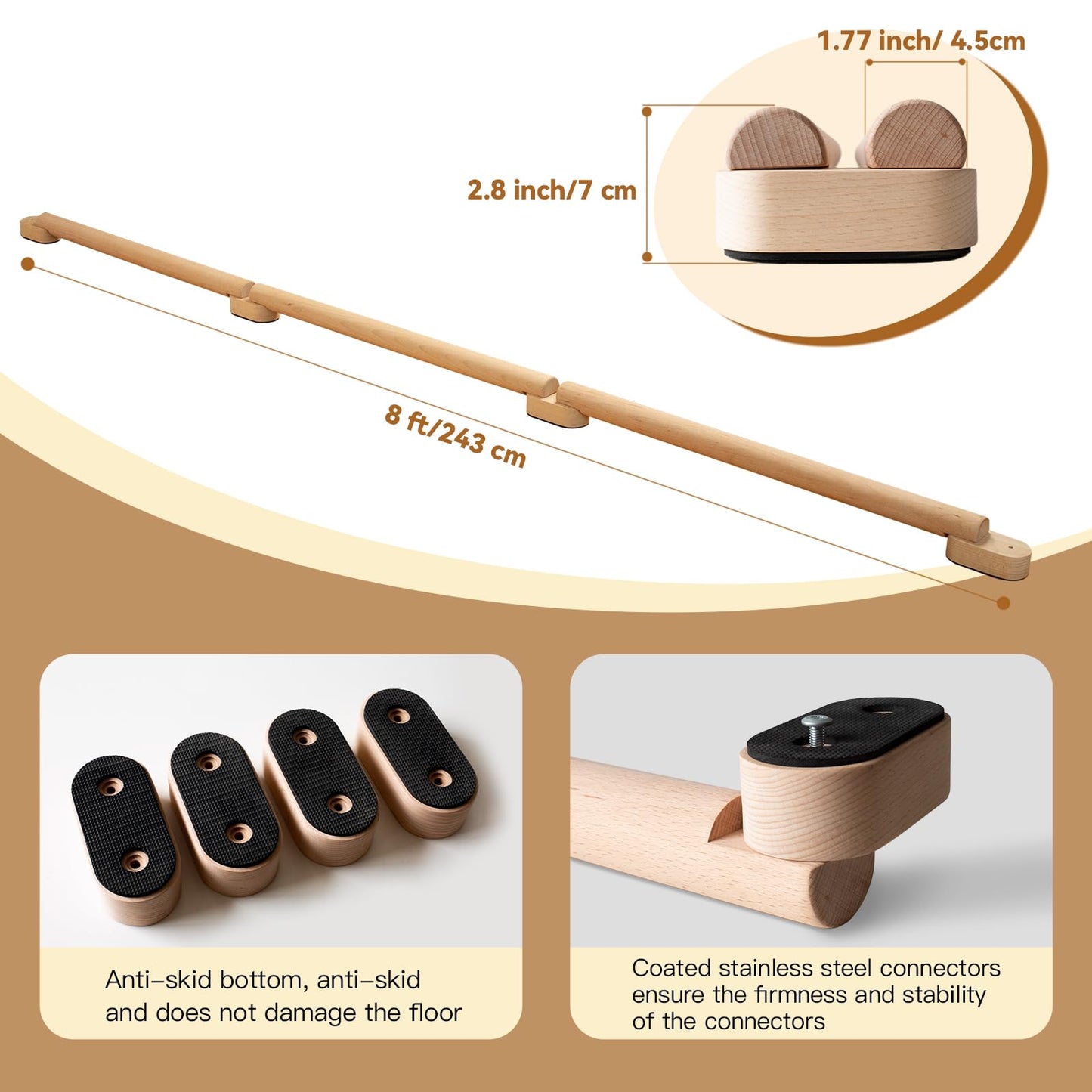 NIANRONGHUA 8 FT Adjustable Beech Wood Balance Beam for Indoor and Outdoor UseImprove Balance,Flexibility, Ankle Foot Strength for All Ages Physical Therapy for Plantar Fasciitis Relief