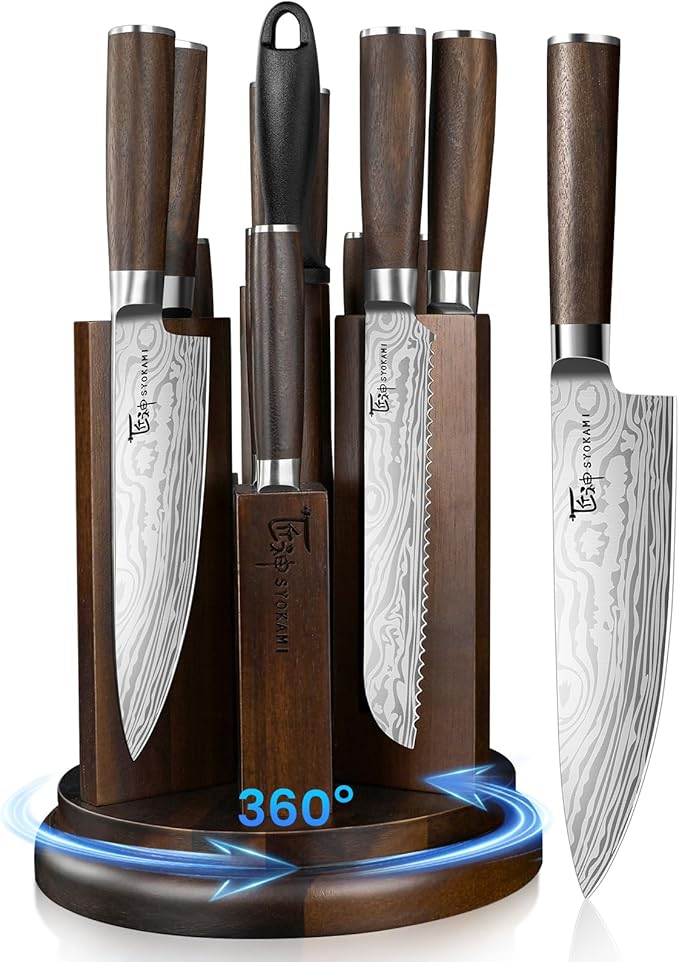 Kitchen Knife Set with Magnetic Block and Sharpener 14 Piece Knife Set 360° Rotatable Holder Ultra Sharp High Carbon Stainless Steel Knives Sets with Steak Knives, Christmas gift
