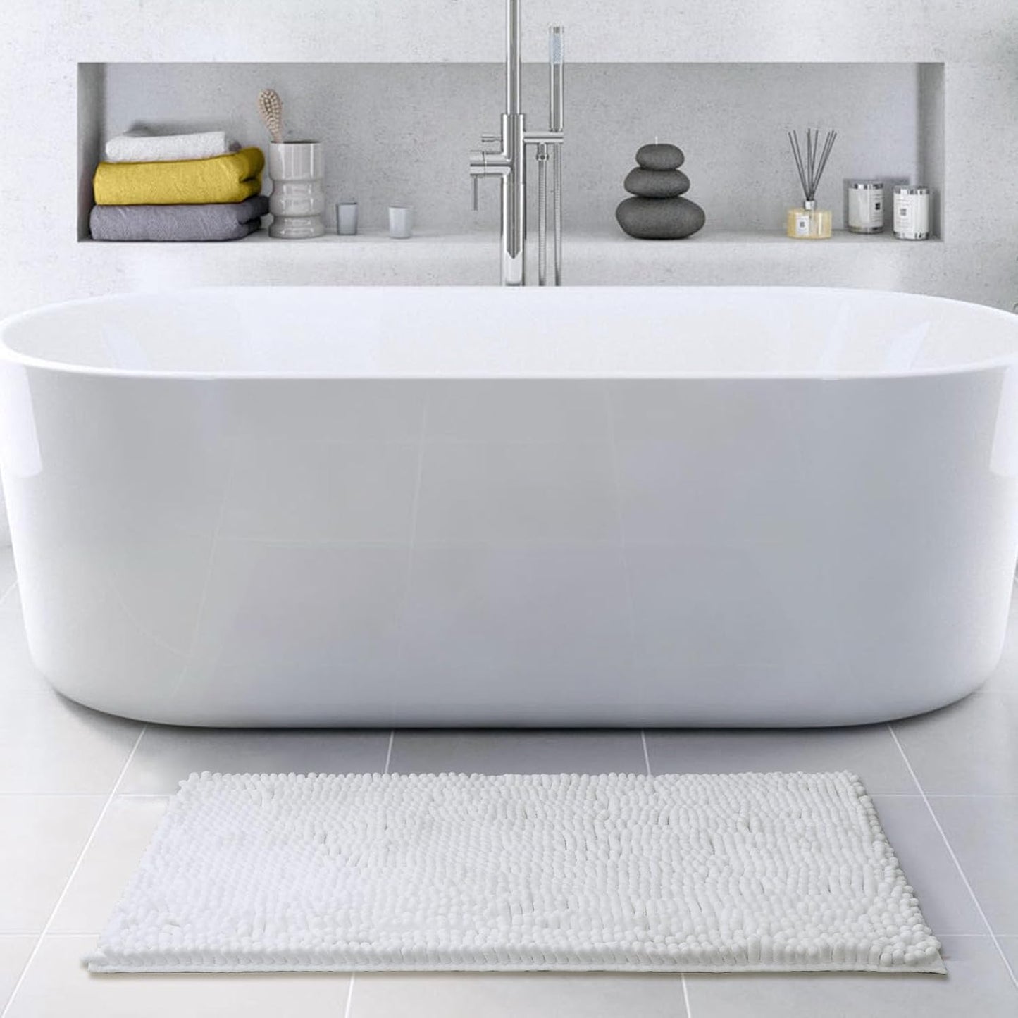 FRESHMINT Large Chenille Bathroom Rugs Mat 36”x24”, Non-Slip Bath Matf or Bathroom Floor & Bathtub, Washable Shower Shag Bath Rugs, Soft Fluffy Thick Water Absorbent Microfiber Shower Mat, White