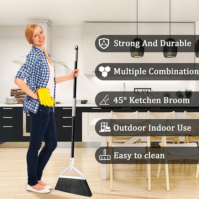 3 Pack Outdoor Indoor Broom, Brooms for Sweeeping Indoor, Heavy-Duty Kitchen Broom with Long Pole, Angle Broom White for Garages Restaurant Courtyard Office Slidewalk Lobby Sweep Dust