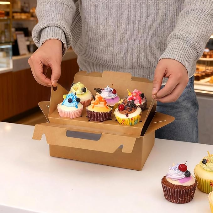 FORBFAN 50 Pcs Cupcake Boxes 6 Count with Handle, Kraft Portable Muffin Boxes, Gable Party Favor Treat Boxes for Wedding Birthday Party