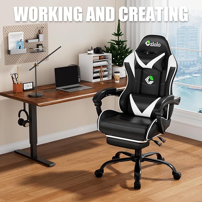 Gaming Chair with Footrest Racing Style Lumbar Support Massager Video Game Chair with Metal Legs, High Back Reclining Gamer Chair with Headrest, 360° Swivel Office Computer Desk Chair (White)