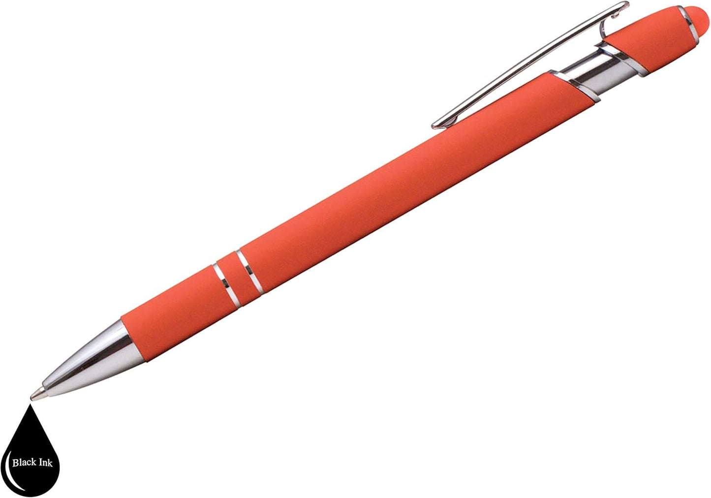 ExpressDesigns™ - Premium Custom Pens with Stylus | Burst of Color | Personalized Soft Touch Metal Printed Name Pens w/Black Ink - Imprinted w/Logo or Message - 12 pcs/pack (Orange)