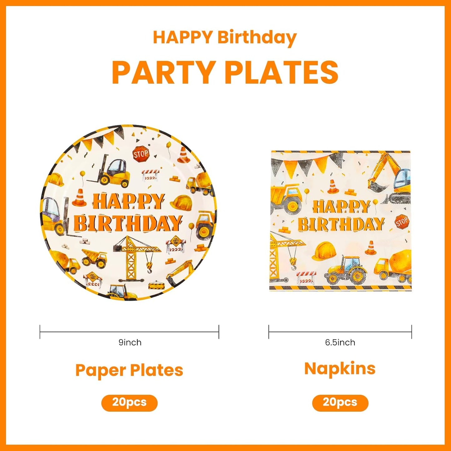 40PCS Construction Happy Birthday Paper Plates and Napkins Party Supplies, Disposable Construction Party Plates and Napkins Tableware Set for Kids Boys Birthday Party Decorations Serves 20