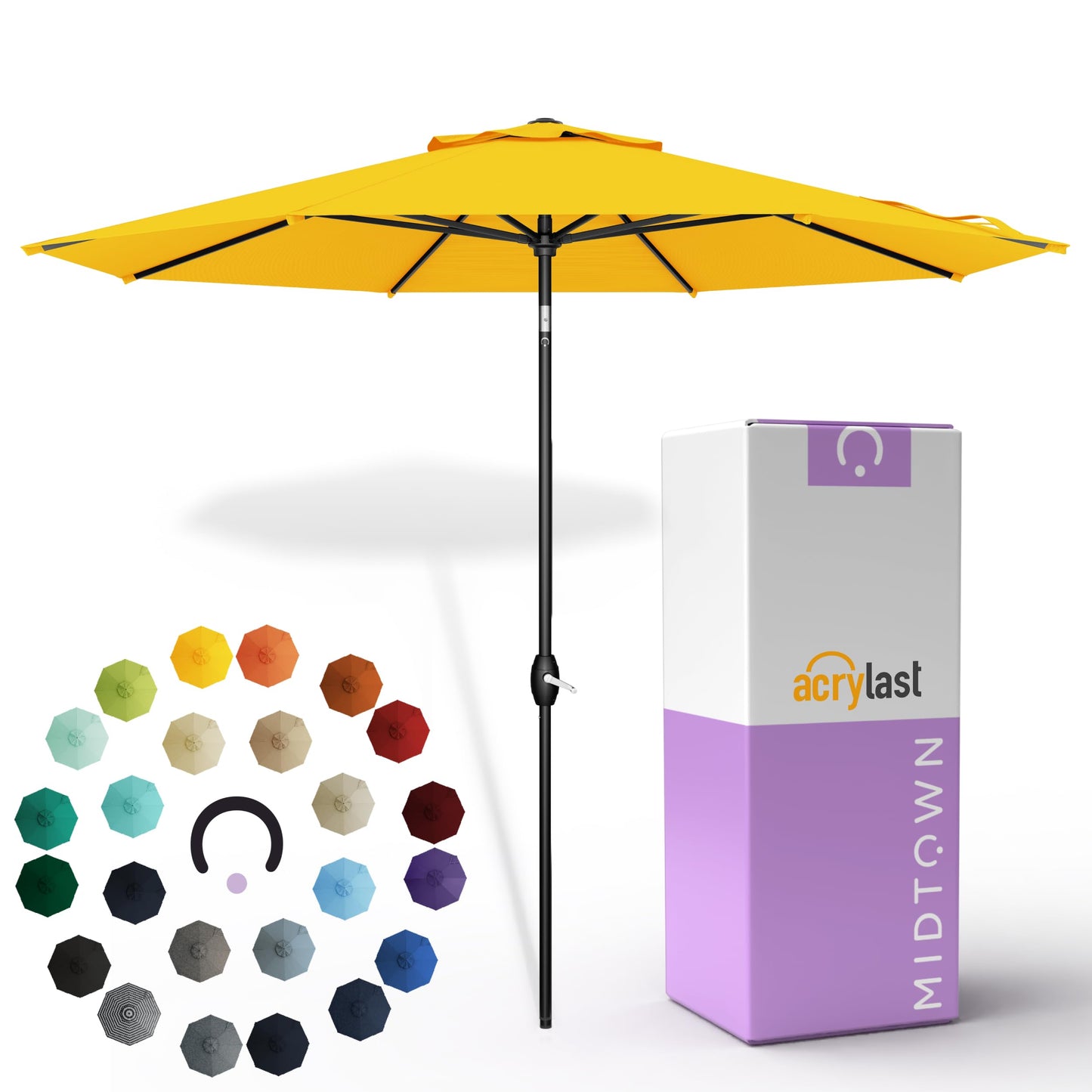 Midtown Umbrellas – The Lean 8 Ft Patio Umbrella with 10-Year-No-Fade Acrylast Acrylic Fabric, Auto-Tilt and 8 Reinforced Ribs for Deck, Pool, Garden, Hotel & Cafes – Studio Yellow Canopy, Black Pole