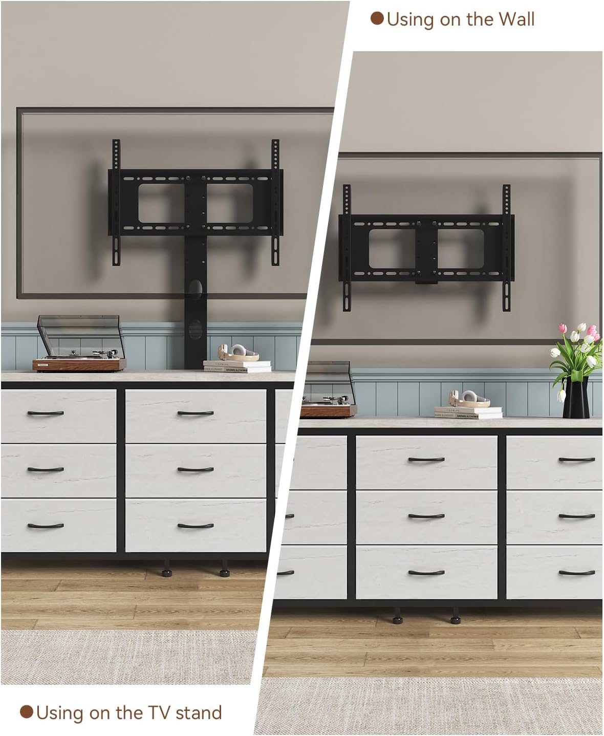 TV Stand with Mount for 32/55/65/75/85 inch TVs, Entertainment Center with 9 Fabric Drawers Dresser Storage, Height Adjustable Media Console