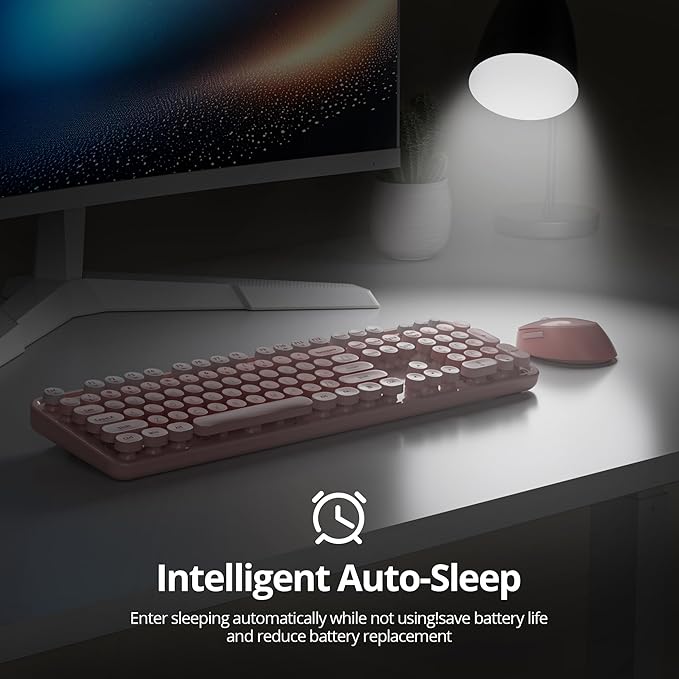 Wireless Keyboard and Mouse Set, Retro Typewriter Keyboard, 2.4GHz Full Size 104-Key Cute Keyboard with Number Pad, Colorful Keyboard with Round Keycaps for Windows PC Laptop(Pink)