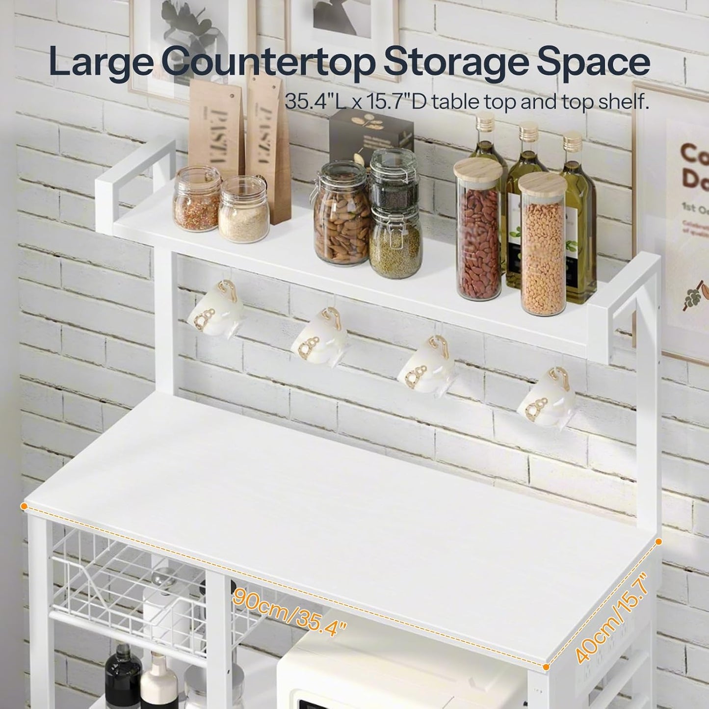 HOOBRO Bakers Rack with Power Outlet, 35.4 Inches Coffee Bar with Mesh Basket, Microwave Stand with 4 S-Shaped Hooks, Kitchen Bakers Rack with Storage, Easy to Assemble, White WT05HB01