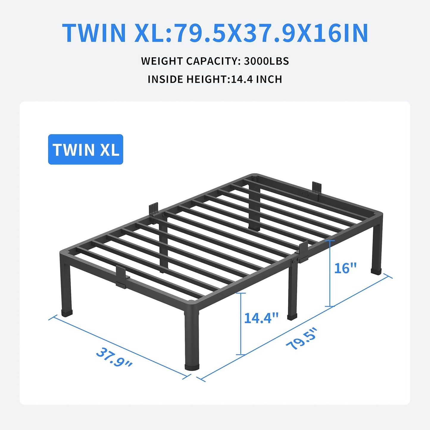 MAF 16 Inch Twin XL Bed Frames with Round Corner Legs Mattress Slide Stopper No Box Spring Needed Heavy Duty Metal Platform Bed Frame Under-Bed Storage Space, 3000 LBS Steel Slats Support