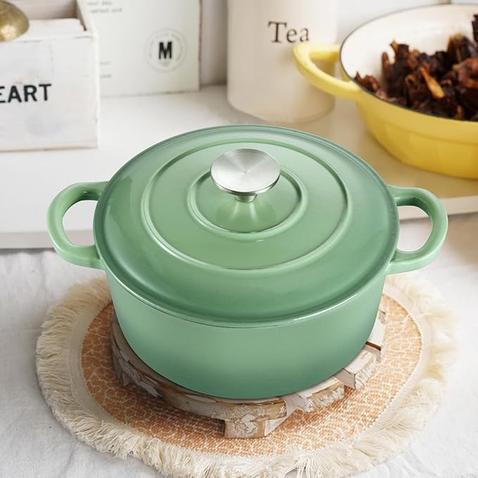 TeamFar Enameled Cast Iron Dutch Oven - 3QT Small Dutch Oven Pot with Lid - Heavy Duty Cast Iron Pot Cookware for Bread Baking, Braising, Stewing, Roasting, Pistachio Green