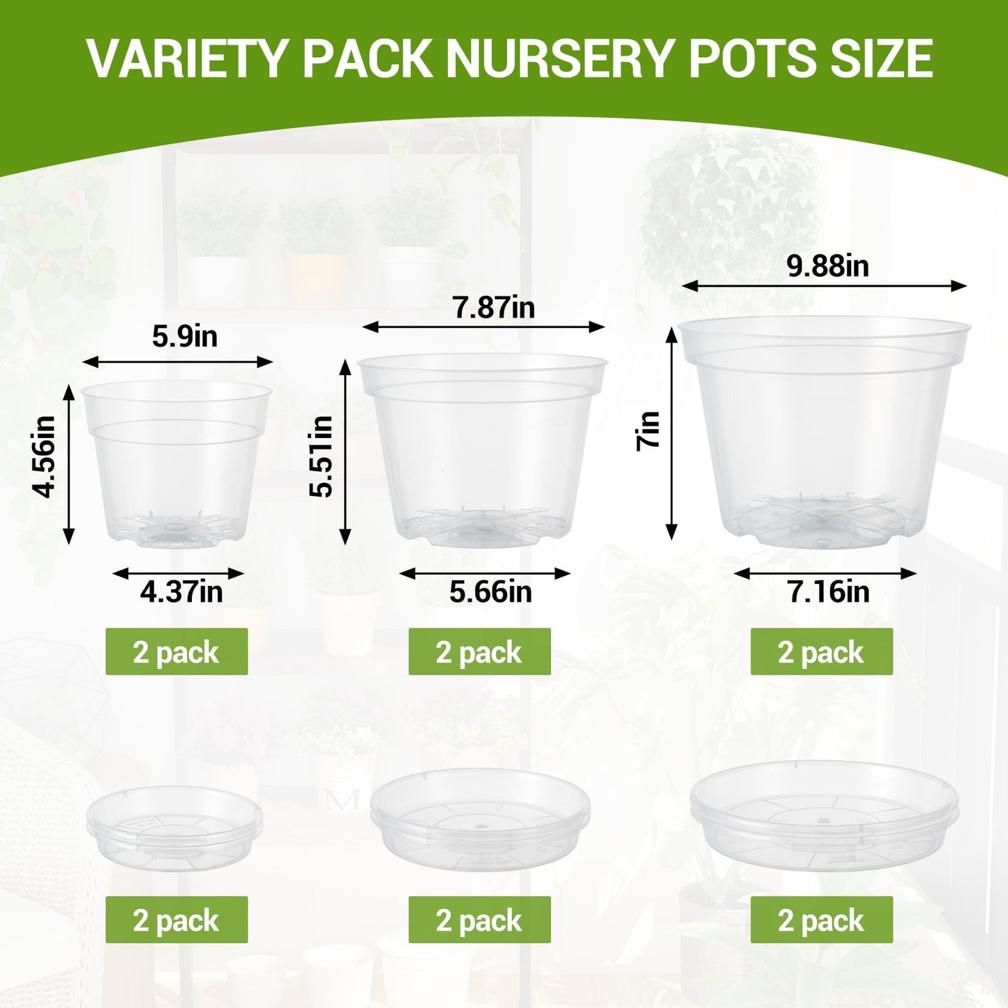 Garvee 6 Pack 6/8/10 Inch Clear Nursery Pots for Plants with Saucers, Thickened Plastic Plant Pots with Drainage Holes, Transparent Seeding Start Planters for Indoor Outdoor