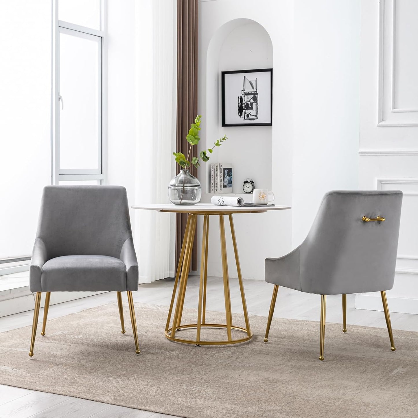 Modern Velvet Dining Chairs Set of 4, Contemporary Upholstered Furniture Collection with Polished Gold Metal Legs, Elegant Accent Chairs for Kitchen Living Room(Grey)