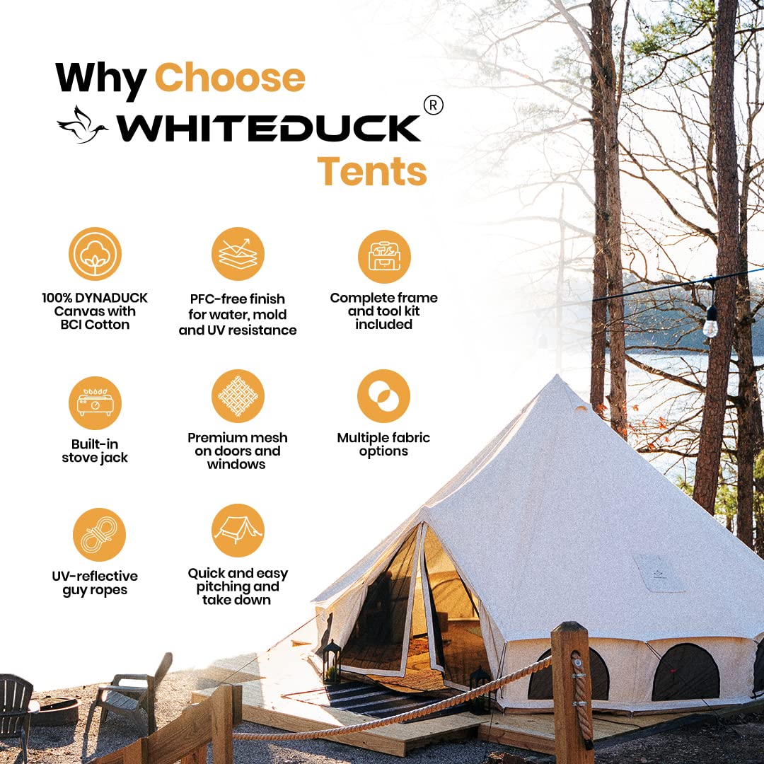 WHITEDUCK Avalon Canvas Bell Tent - Luxury All Season Tent for Camping & Glamping Made from Premium & Breathable 100% Cotton Canvas w/Stove Jack, Mesh (13' (4M), Water Repellent)