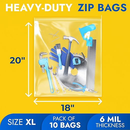 18" x 20" Large Zip Seal Lock Bags, 6 Mil (Pack of 10) – Heavy-Duty Reclosable Plastic Bags – Clear, Resealable, Waterproof – For Storing and Organizing Clothes, Jewelry, and Travel Items