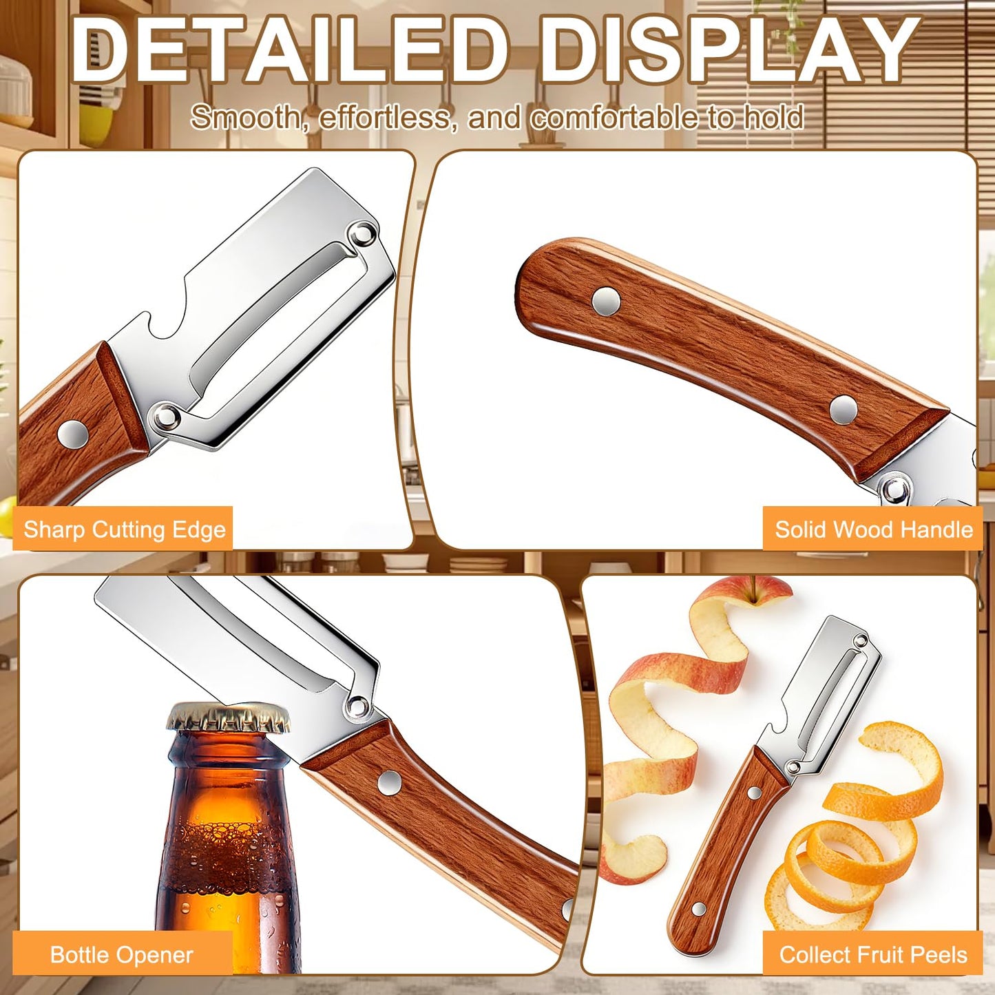 2pcs Premium Vegetable Peeler with Wooden Handle and Bottle Opener, Stainless Steel Blade Peelers for Kitchen Tool for Fruit Apple Potato Pumpkin Papaya