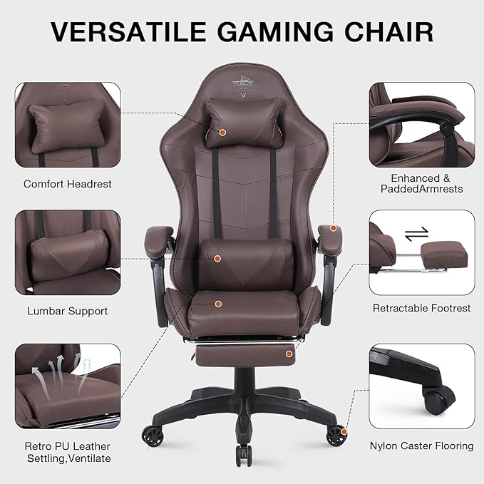 High-Back PC Gaming Chair Office Chair, Desk Task Chair Computer Racing Chair, PU Ergonomic Executive Swivel Rolling Chair with Lumbar Support for Women, Men (Brown)