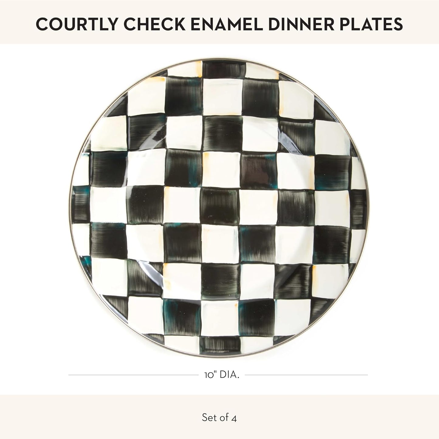 MACKENZIE-CHILDS Enamel Dinner Plate, Decorative Dinnerware Plate, 10 Inches, Set of 4, Black-and-White Courtly Check