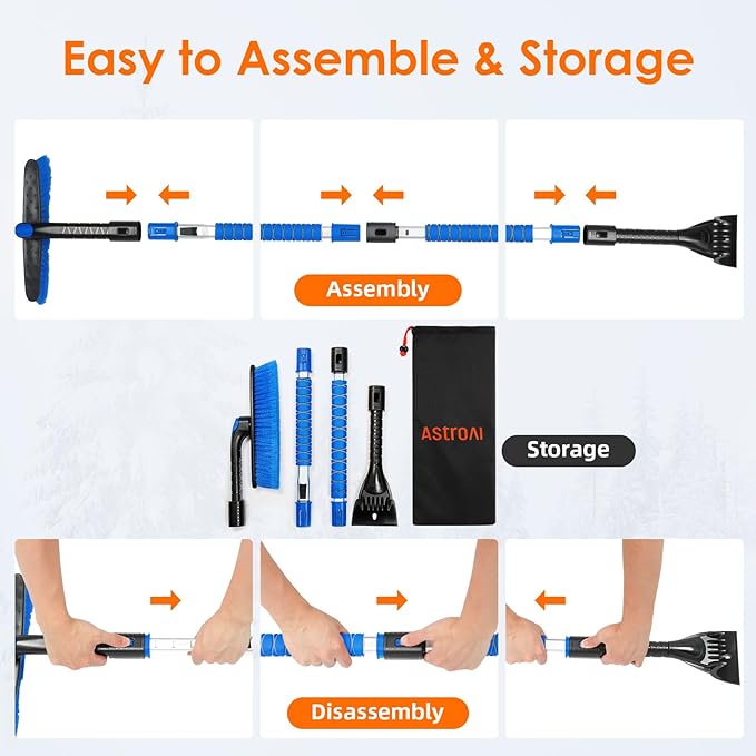 AstroAI 62.4" Ice Scrapers for Car Windshield and Extendable Snow Scraper with Foam Grip and 360° Pivoting Brush Head for Christmas Car Auto Truck SUV(Blue)