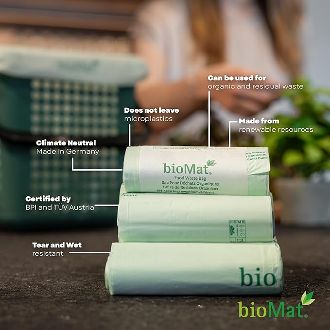 bioMat 35 Gallon Compostable Compost Liners, 30 Count, BPI ASTM D6400 and CMA Certified, Large Compost Bags for Compost Bin