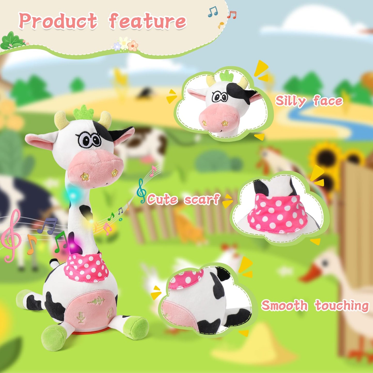 LLUKEME Cute Dancing Cow Interactive Plush Toy with Wiggling Neck | LED Lights | Voice Record & Repeat | 10 Children’s Songs | Funny Toy for Boys Girls Age 1-3