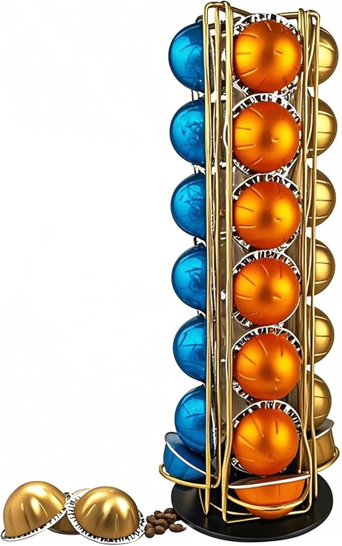 Vertuo Pod Holder Carousel Stand for 28 Nespresso Vertuo Capsule Storage Organizer with Extra Space for Coffee Mate Silent Rolling，Gold