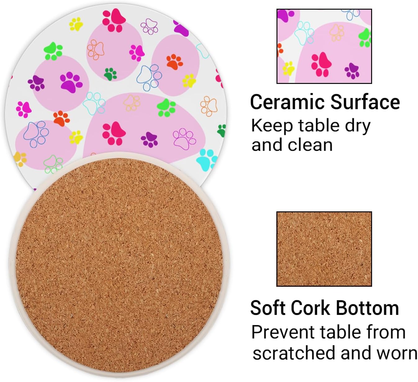 Ceramic Coasters for Drinks with Cork Back,Colorful Paw Prints On Pink 4 Inch Absorbent Coaster Set 4 Pack, Quick Dry Non-Slip Coaster Mats for Home, Office, Bar