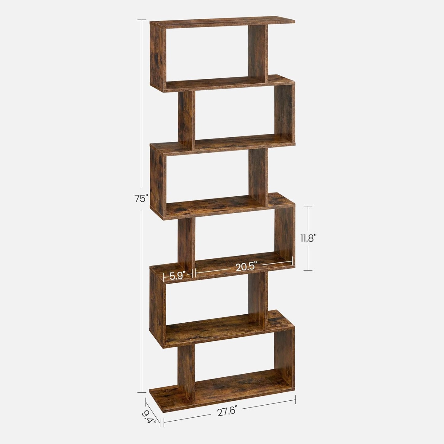 VASAGLE Bookshelf, 6-Tier Bookcase, Tall Display Shelf, Freestanding Storage Shelf, Room Divider, for Home Office, Living Room, Bedroom, Study, Rustic Brown ULBC61BX