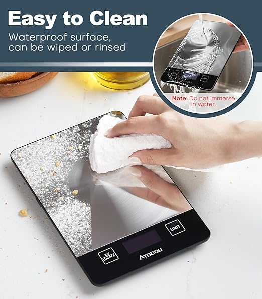 Atogou Food Scale, 33lb Rechargeable Kitchen Scale with Full-View Backlit LCD Display, Waterproof Stainless Steel Surface, Type-C Charging, Grams and Ounces for Baking, Cooking, Food Black