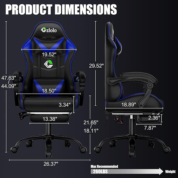 Gaming Chair with Footrest Racing Style Lumbar Support Massager Video Game Chair with Metal Legs, High Back Reclining Gamer Chair with Headrest, 360° Swivel Office Computer Desk Chair (Blue)