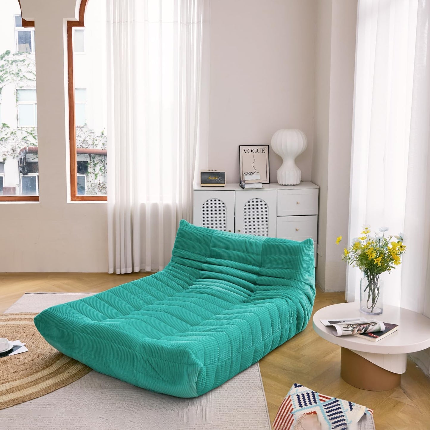 N&V Fireside Lounge Chaise Chair, Mid Century Armless Floor Lounger Sofa, Soft Premium Corduroy Floor Lounge Chair, Foam Sofa Accent Lounger for Living Room Bedroom and Office, Jade