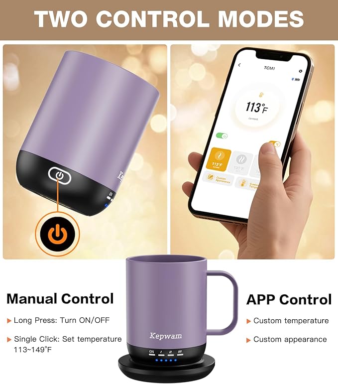 Kepwam Heated Coffee Mug T1-14oz Fast Heating & Longer Battery Life Self Heating Coffee Mug Hot to 149℉ - Touch & App Controlled Mug Coffee and Hot Beverage Warmer, Gifts for Women and Men