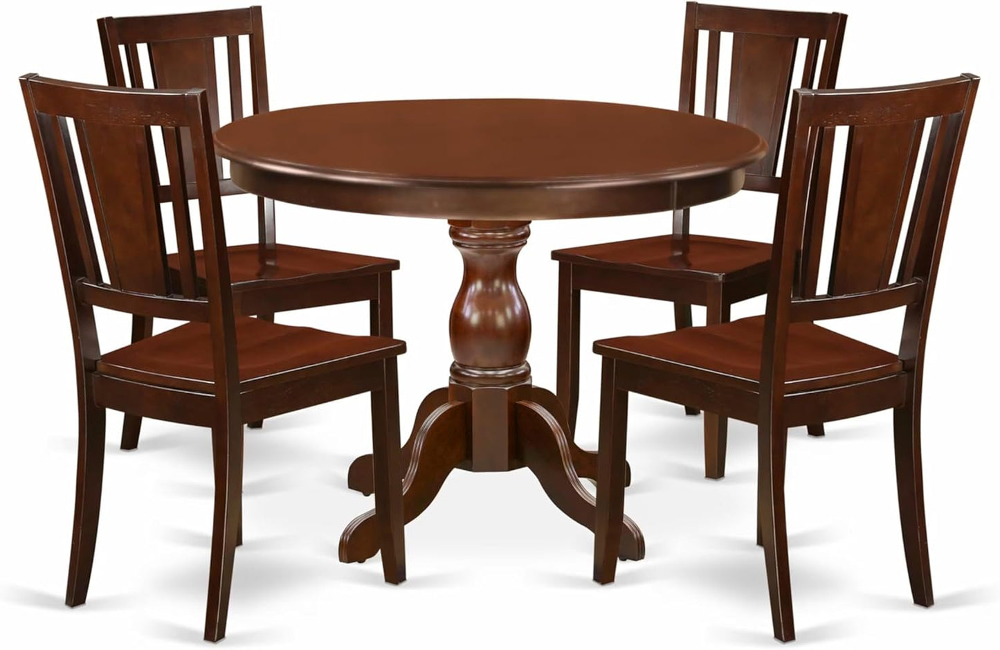 East West Furniture HBDU5-MAH-W 5 Piece Dining Room Table Set Includes a Round Kitchen Table with Pedestal and 4 Dining Chairs, 42x42 Inch, Mahogany