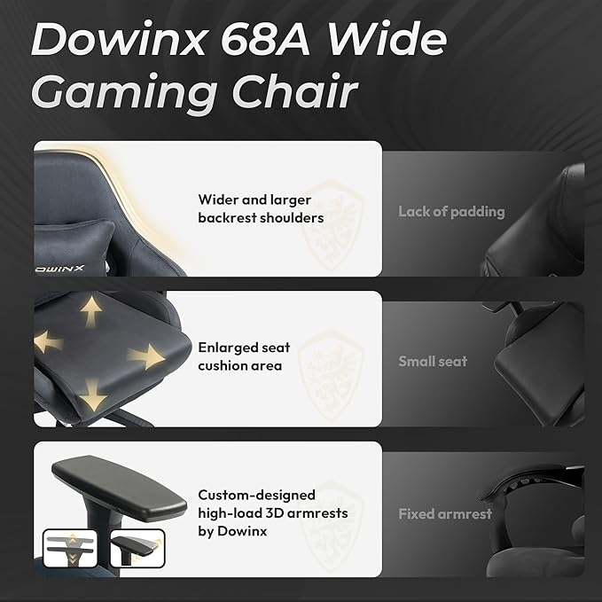 Dowinx Big and Tall Gaming Chair with Suede Fabric Breathable, Game Chairs for Adults with Oversized Thick Seat for 440lbs, Ergonomic Gamer Chair for Streaming & Long Gaming Sessions, Grey