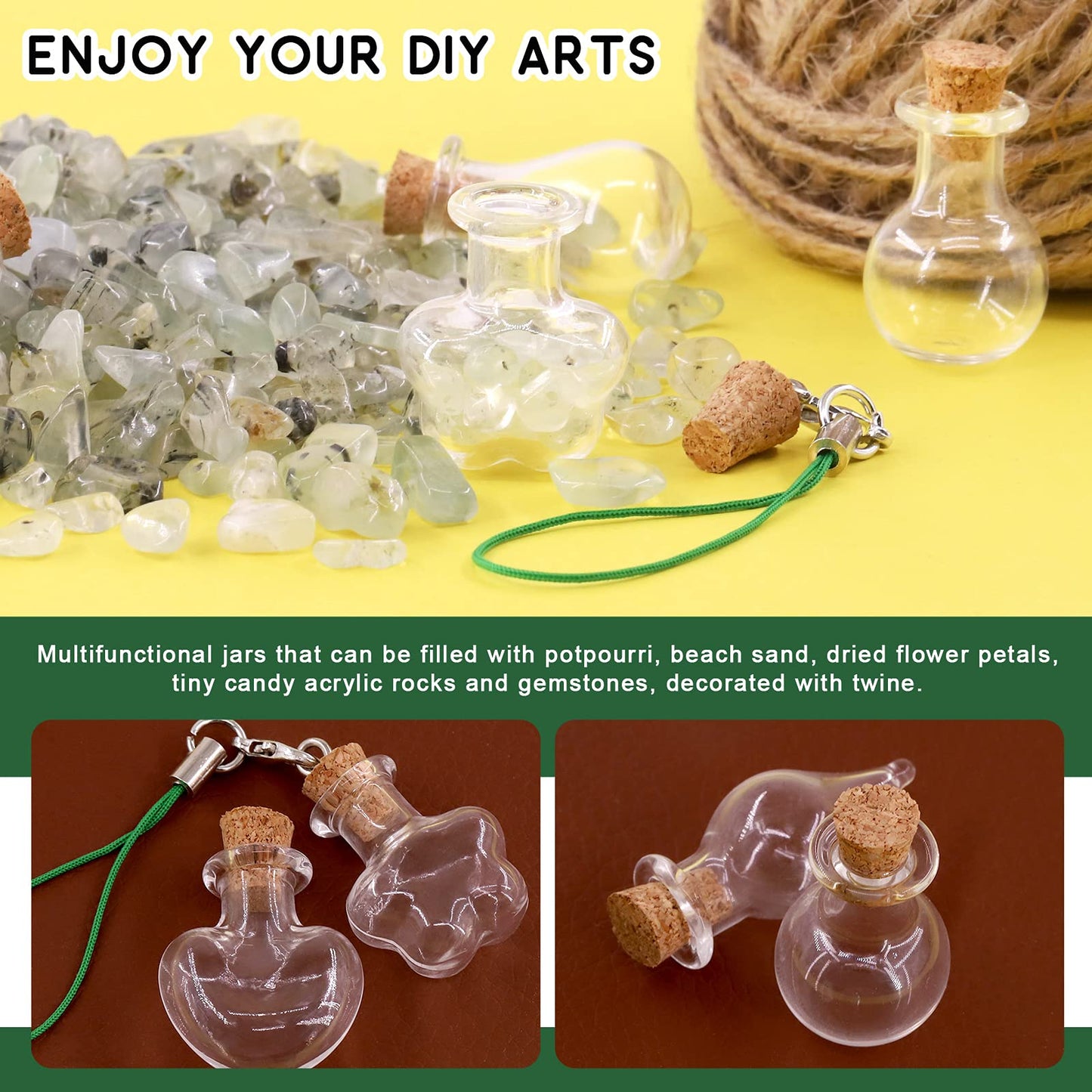 Keadic 119 Pcs 6 Shapes Mini Tiny Clear Glass Jars Bottles Set Includes Wish Bottles Glass Favors Jars with Cork Stoppers, Eye Screws, 32 Yards Twine for Arts Crafting, Projects, Decor, Party Favors